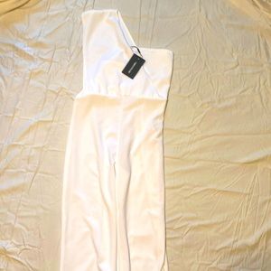 White one shoulder romper from Pretty Little Thing.